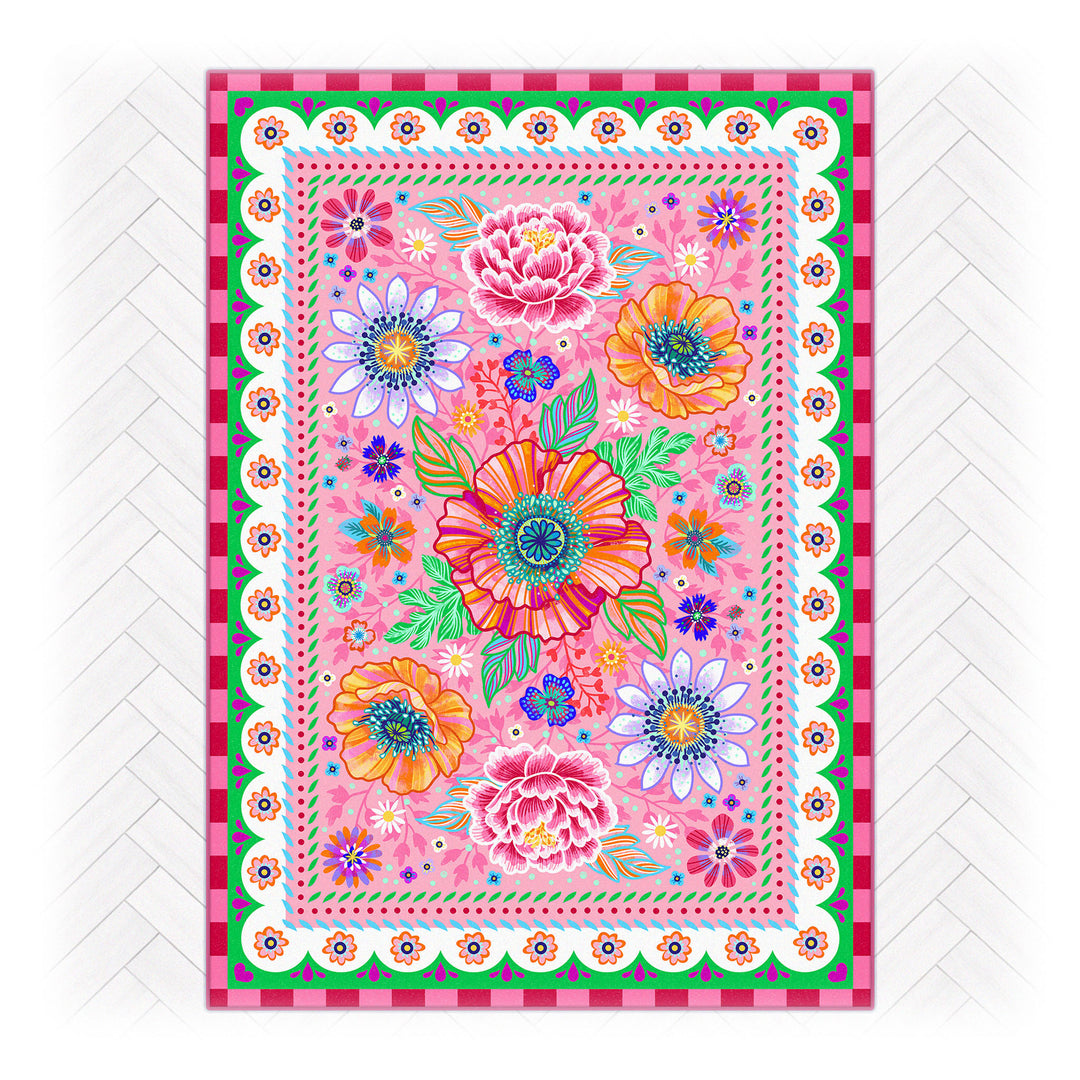 Superweicher Teppich im Design von Bine Brändle mit dem Motiv Blumenmeer Rosa, lebendig und dekorativ gestaltet.