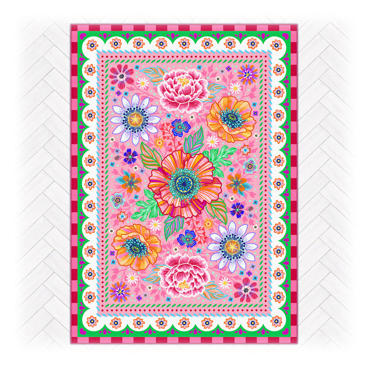 Superweicher Teppich im Design von Bine Brändle mit dem Motiv Blumenmeer Rosa, lebendig und dekorativ gestaltet.