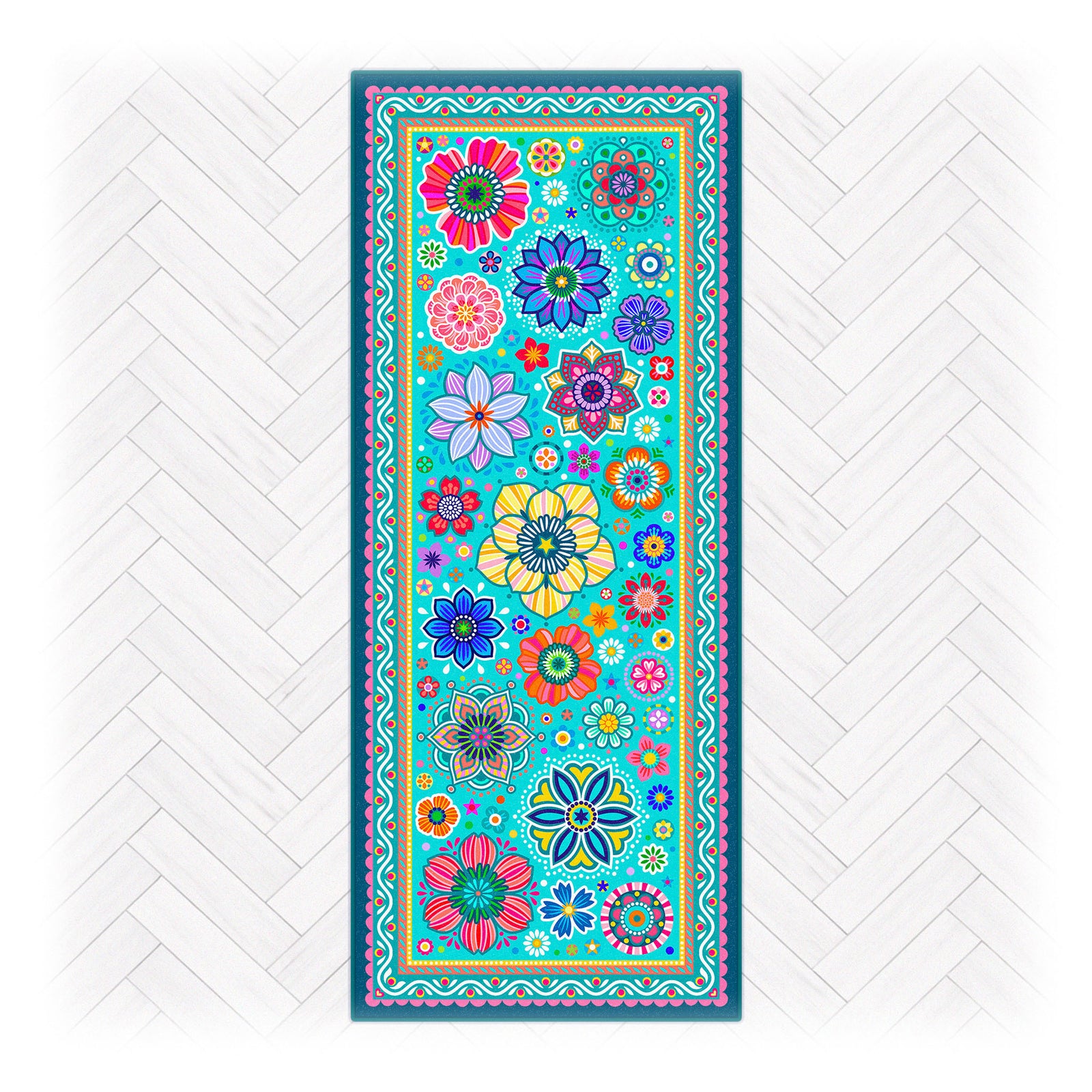 Superweicher Teppichläufer im Design von Bine Brändle mit dem Motiv FLORA in Türkis, frisch und dekorativ gestaltet.