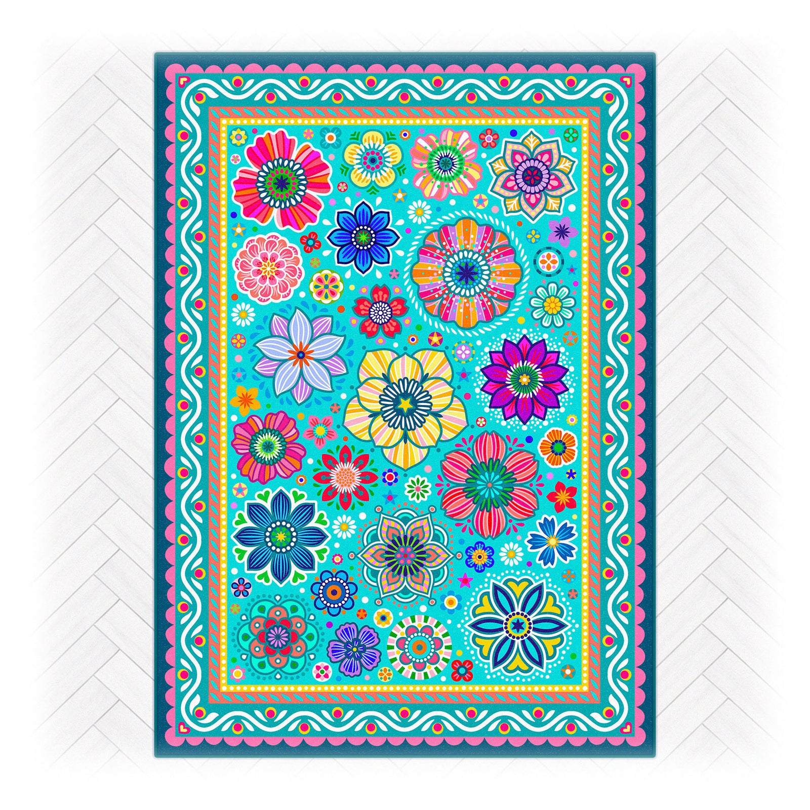 Superweicher Teppich im Design von Bine Brändle mit dem Motiv FLORA in Türkis, frisch und dekorativ gestaltet.
