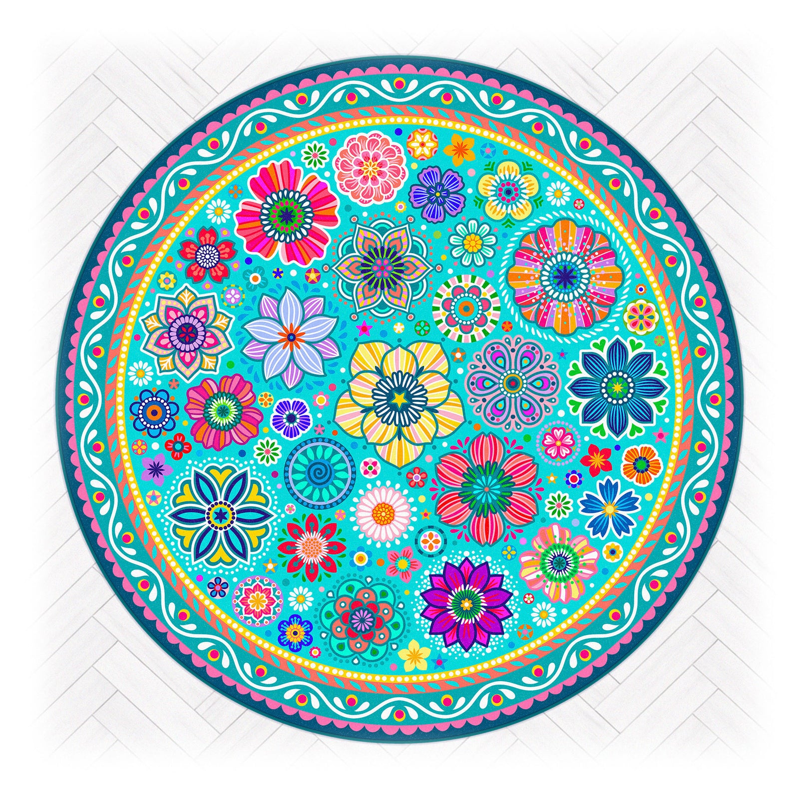 Superweicher Teppich im Design von Bine Brändle mit dem Motiv FLORA in Türkis, frisch und dekorativ gestaltet.