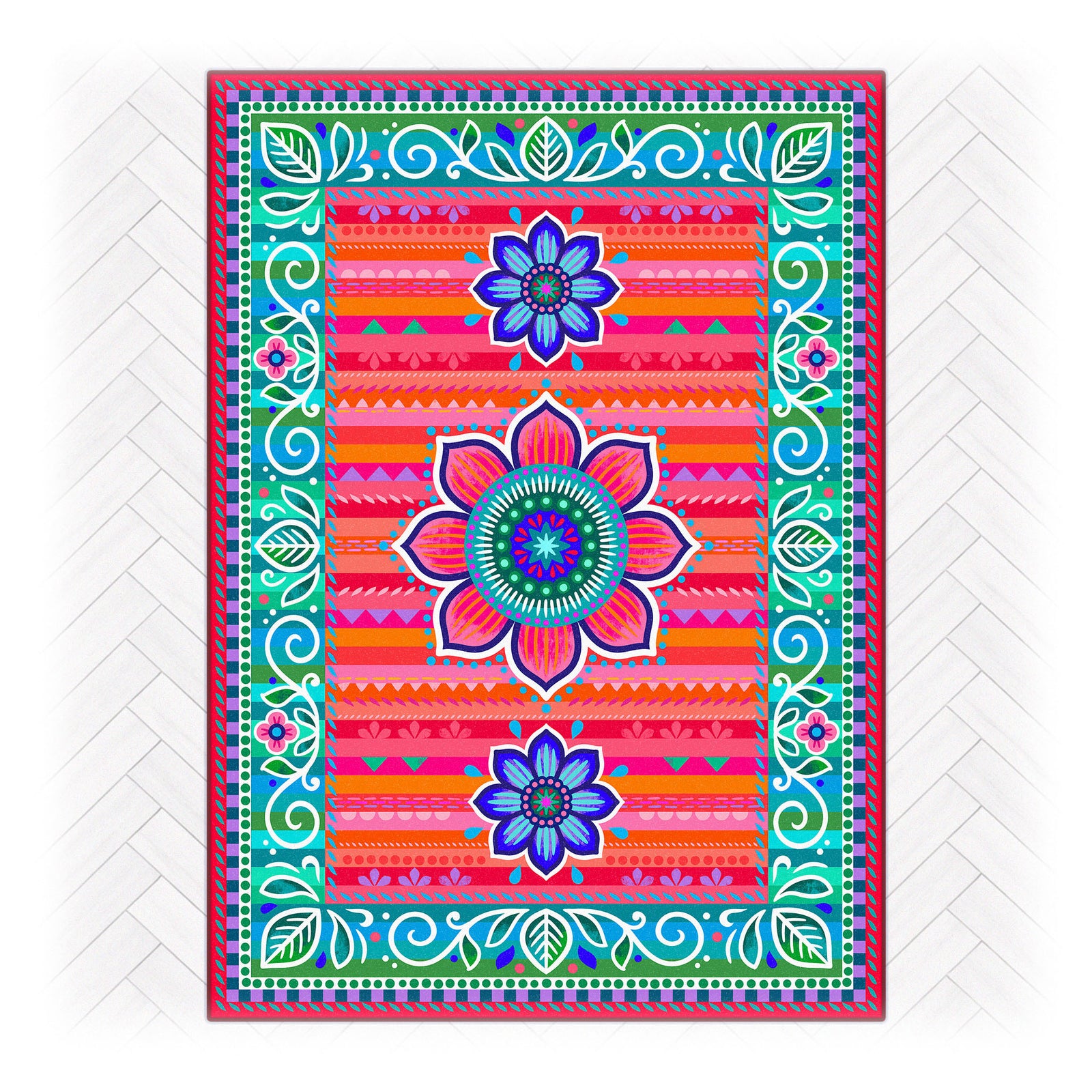 Superweicher Teppich im Design von Bine Brändle mit dem Motiv Jasmin in Rot, lebendig und dekorativ gestaltet.
