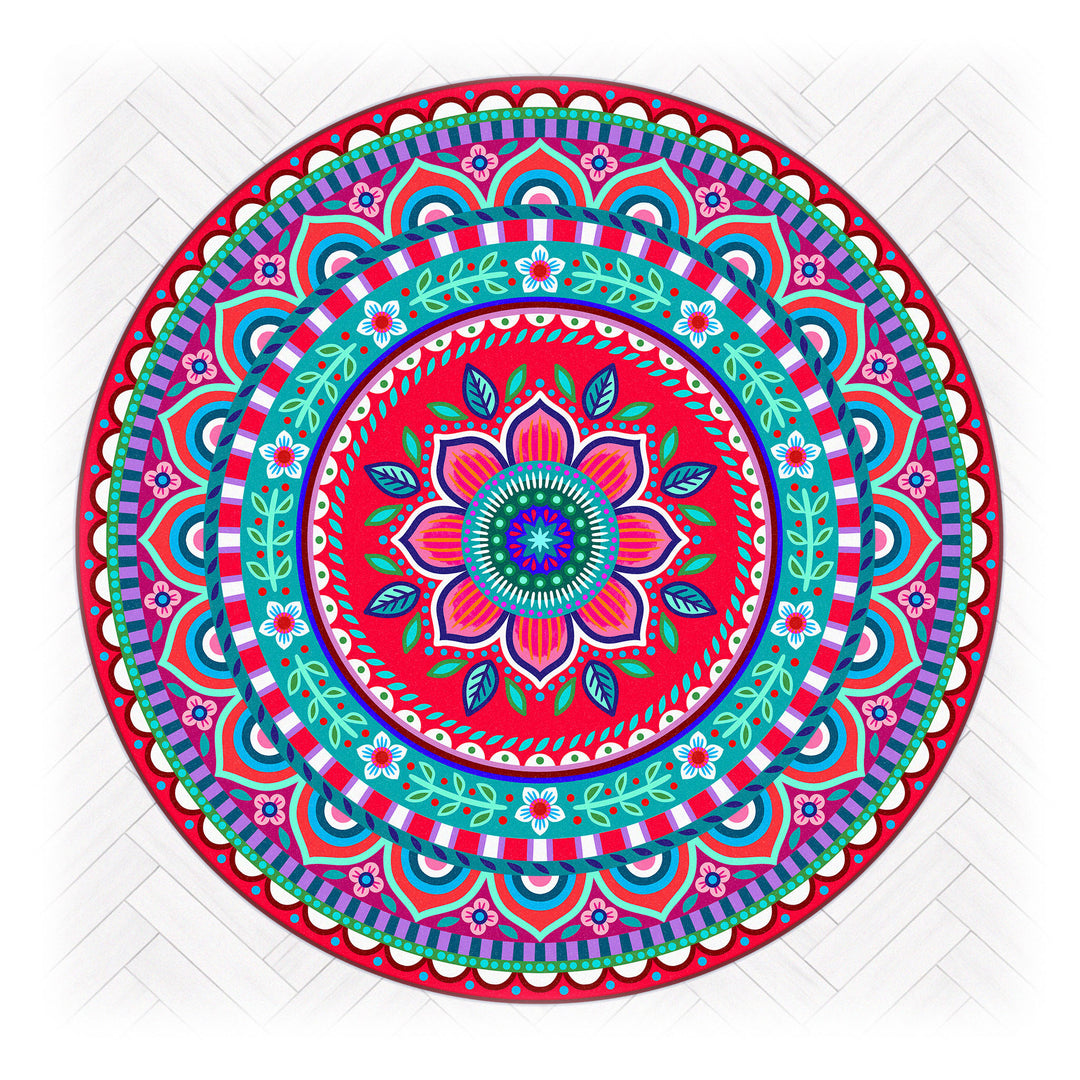 Superweicher runder Teppich im Design von Bine Brändle mit dem Motiv Jasmin in Rot, lebendig und dekorativ gestaltet.