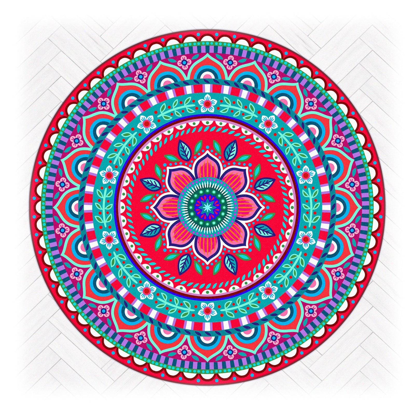 Superweicher runder Teppich im Design von Bine Brändle mit dem Motiv Jasmin in Rot, lebendig und dekorativ gestaltet.