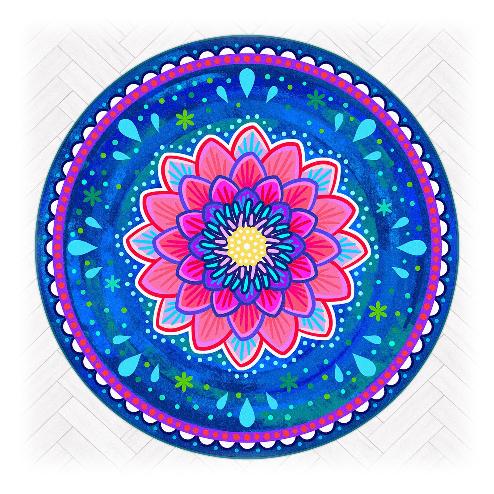 Superweicher Teppich im Design von Bine Brändle mit dem Motiv Seerosenblüte in Dunkelblau, elegant und harmonisch gestaltet.