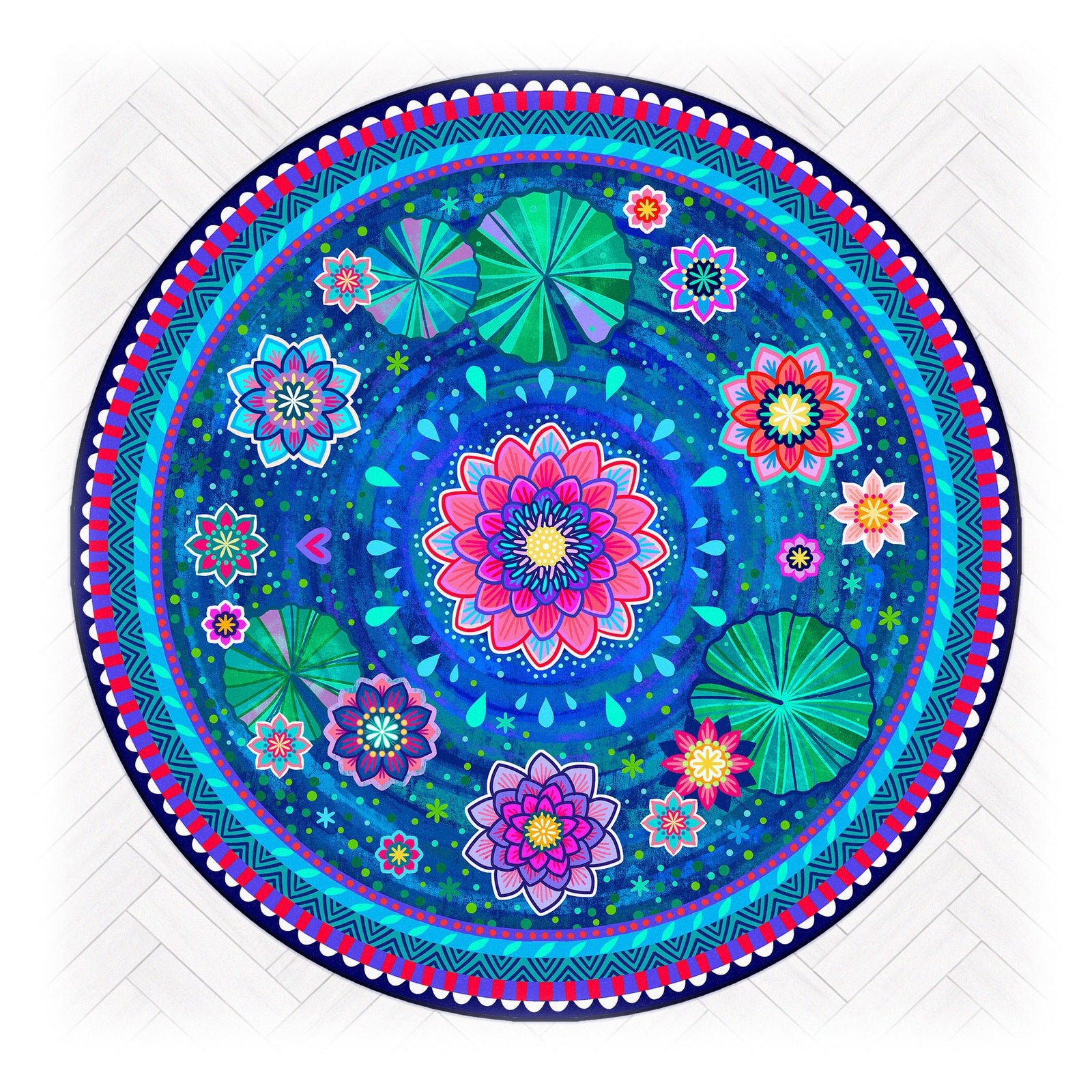 Superweicher Teppich im Design von Bine Brändle mit dem Motiv Seerosenteich in dunkler Farbgebung, stilvoll und harmonisch gestaltet.