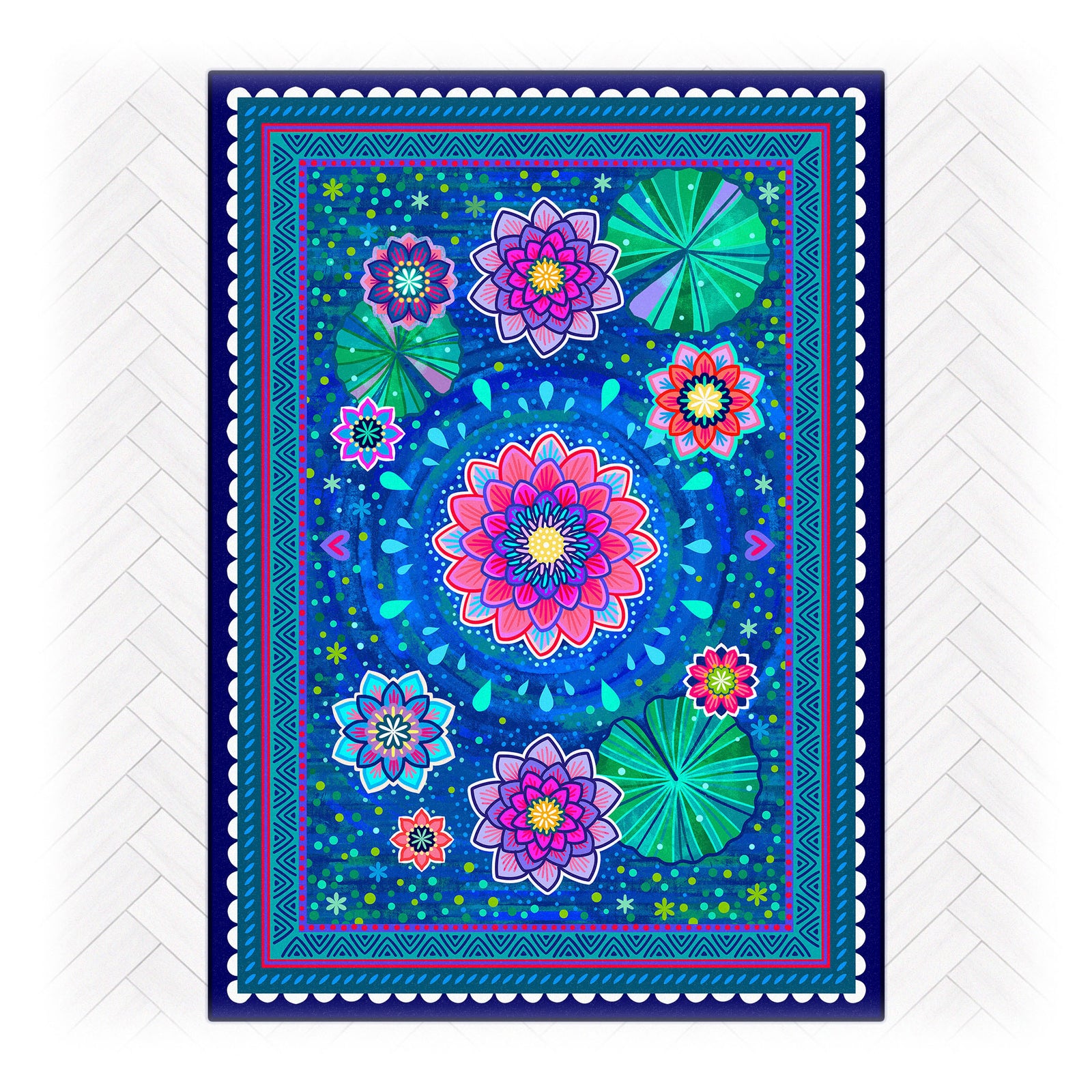 Superweicher Teppich im Design von Bine Brändle mit dem Motiv Seerosenteich in dunkler Farbgebung, stilvoll und harmonisch gestaltet.