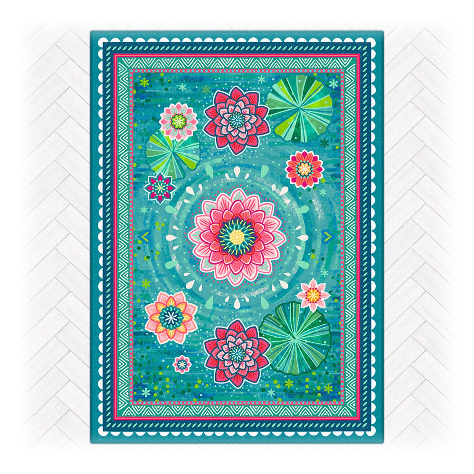 Superweicher Teppich im Design von Bine Brändle mit dem Motiv Seerosenteich in natürlicher, harmonischer Optik.