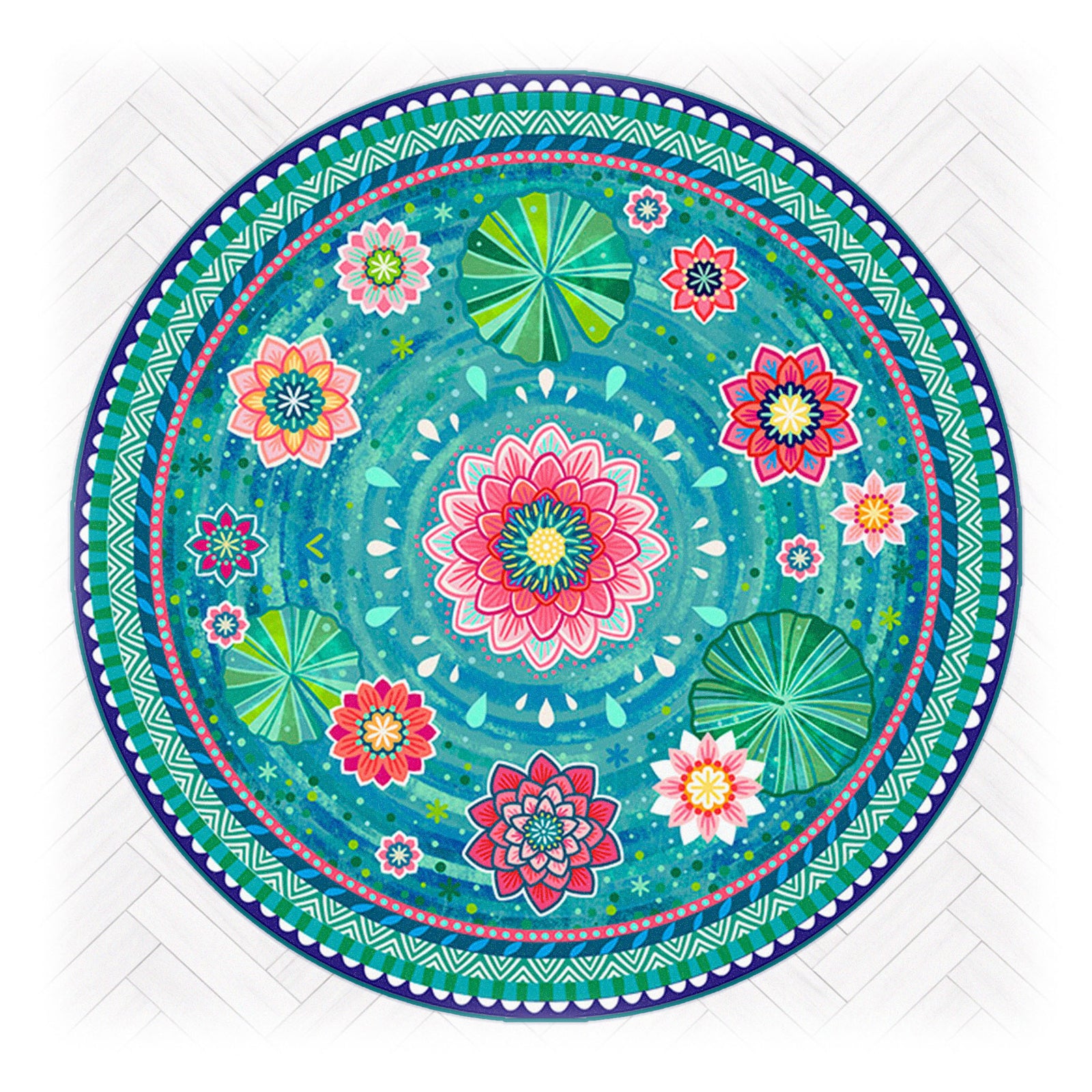 Superweicher Teppich im Design von Bine Brändle mit einem grünen Seerosenteich-Motiv in natürlicher, harmonischer Optik.