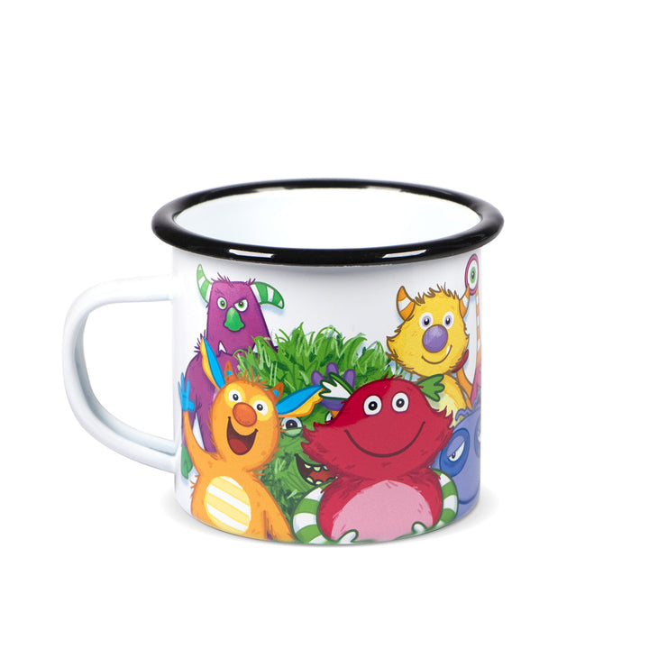 Emaillebecher mit schwarzem Rand und weißem Henkel, Motiv zeigt mehrere bunte Monster der Serie „Meine kleinen Monster“ zusammen.